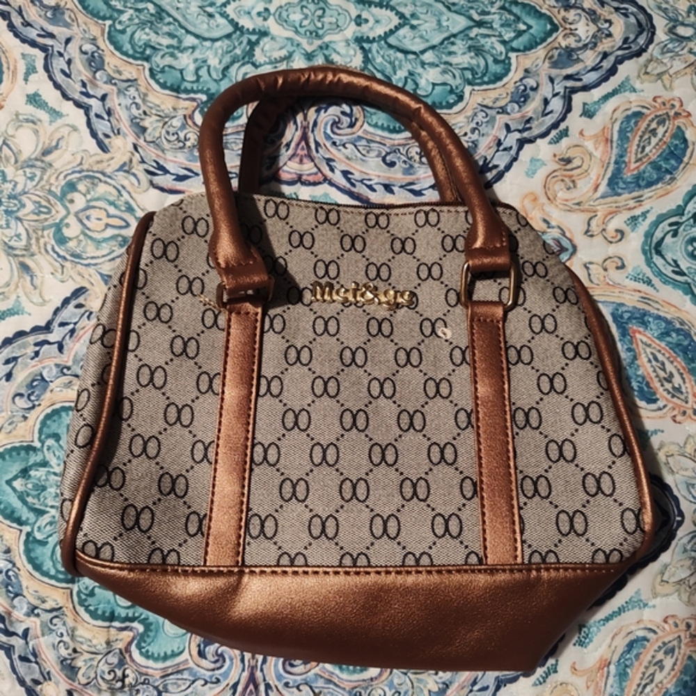 Mei & Ge Brown and Gray Mini Bag with Monogram Pattern
